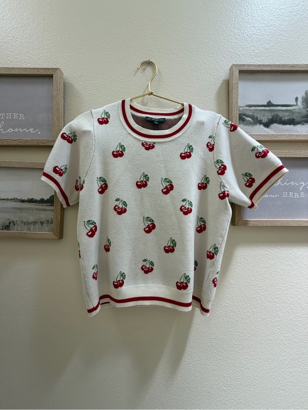 Adrianna Papell White Knit Top with Red Cherry Print